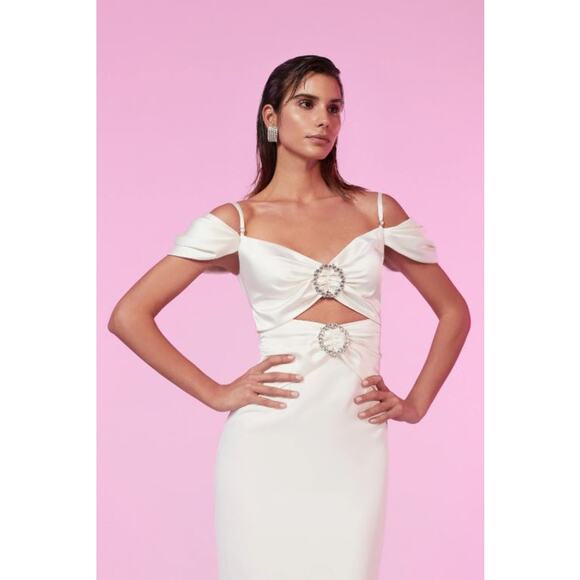 Gigi's June Satin Midi Dress White Cutout Swarovski Stone Bridal Wedding Bride - Picture 2 of 9